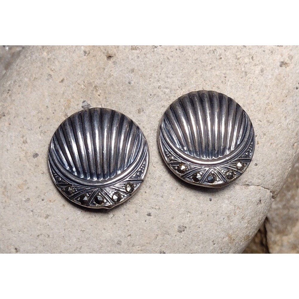 Vintage Art Deco Sterling Silver Marcasite Clip On Earrings